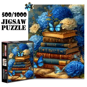 1pc 1000 piece adult puzzle 70x50cm Stacked Books with Blue Butterflies and Flowers 500 pieces of paper jigsaw puzzle, suitable for adults and families, large-scale DIY puzzle interactive toy games
