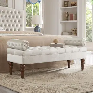 Velvet Long bed Bench for Bedroom,Upholstered Window Bench with Tufted Button,Entryway Bench,Bolster Bench for Living Room-Champagne