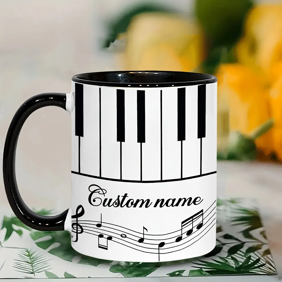 11Oz (≥325Ml)+) Printed Glossy Ceramic Piano Key Custom Name Mug - Black Interior, Personalized Music Note, Reusable, Dishwasher Safe Coffee Cup, Kitchen Drinkware for Music Lovers Classic Tumbler