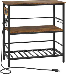 Kitchen Island with Storage, Bakers Rack with Power Outlet,Microwave Stand with Large Worktop,Rolling Bar Cart for Home, Outdoor, Kitchen,Rustic Brown and Black TMJ029H