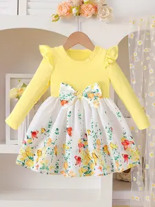 Girls' autumn dress, sweet and fresh butterfly charming floral pattern style, girls' flying sleeve spliced princess dress, floral skirt hem+bow decoration, Easter gift, suitable for daily home, outdoor play, family gatherings