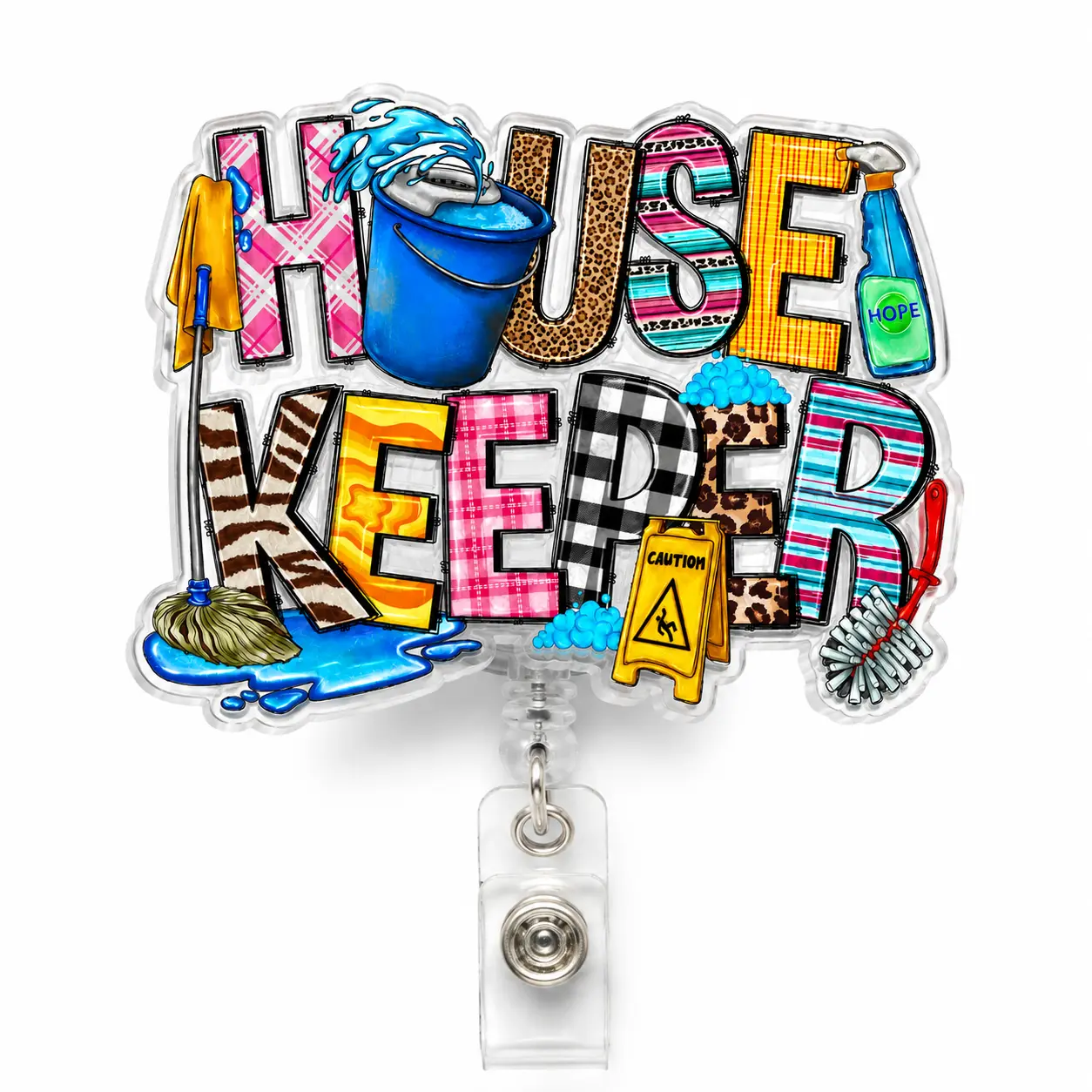 Badge Reel for Housekeepers and Cleaning Staff, Colorful Acrylic Retractable ID Badge Holder with Mop Bucket Spray Bottle and Caution Sign Design, Fun Work Accessory for Housekeeping and Janitorial Staff, 2 3 4 Inch
