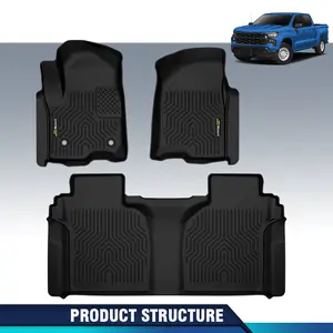 CROSSDESIGN Liners Weatherbeater Floor Mats | Fits 2019-2025 Chevrolet Silverado/GMC Sierra 1500 2500 3500 SuperCrew w/Carpet & w/out Fold Flat Storage | Front & 2nd Row, 3-pc Black