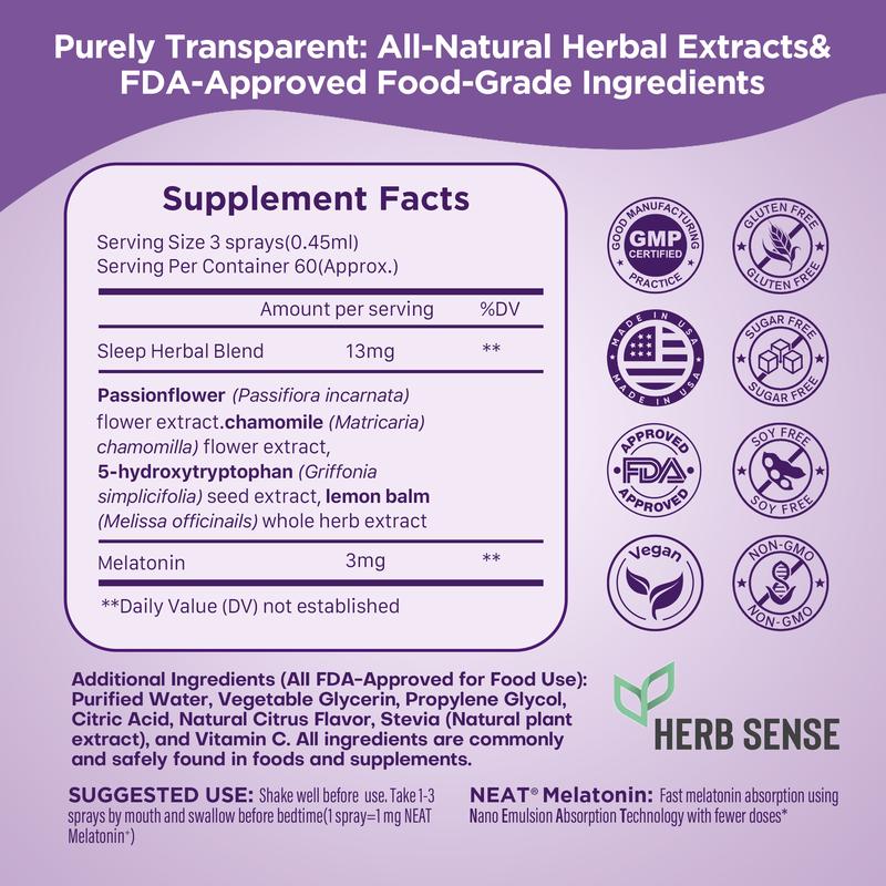 Herb Sense Melatonin Sleep Aid - 1 fl oz Oral Spray with 5-HTP & 50% Herbal Blend, Mucosal Absorption, 60 Servings, Vegan, Gluten & Sugar Free, Designed for Sensitive Stomach, Drug-Free Solution for Calm Sleep