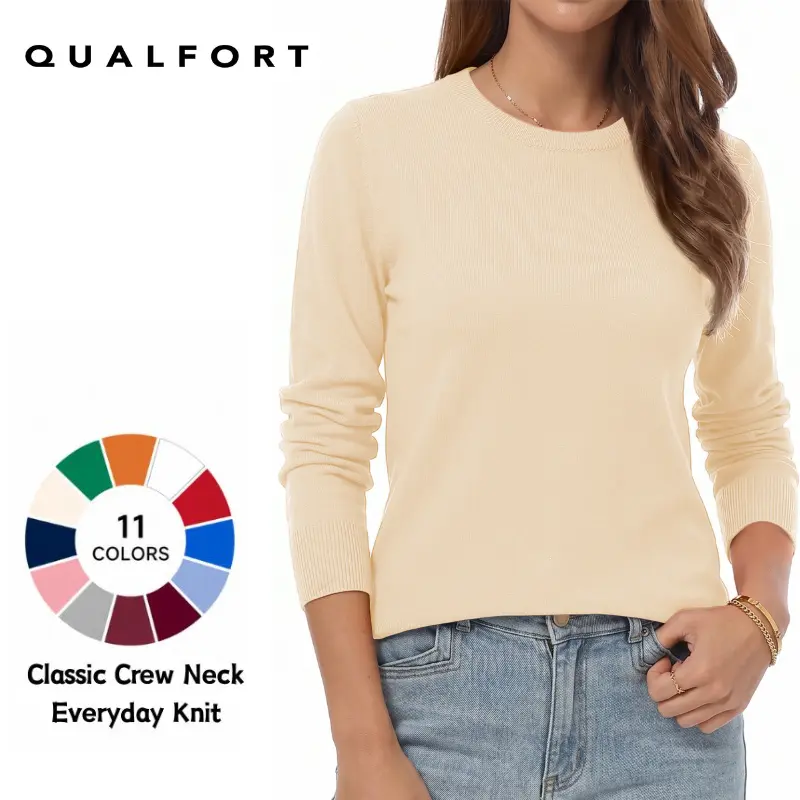 QUALFORT Women’s Classic Round Neck Knitted Pullover - Medium Length Long Sleeve Breathable Soft Lightweight Casual Knitwear, Women's Fashion Basic Top, Machine Washable, Mother’s Day Gift for Mom, Long Sleeve Tops, Sweaters For Women Crewneck Spring,soho