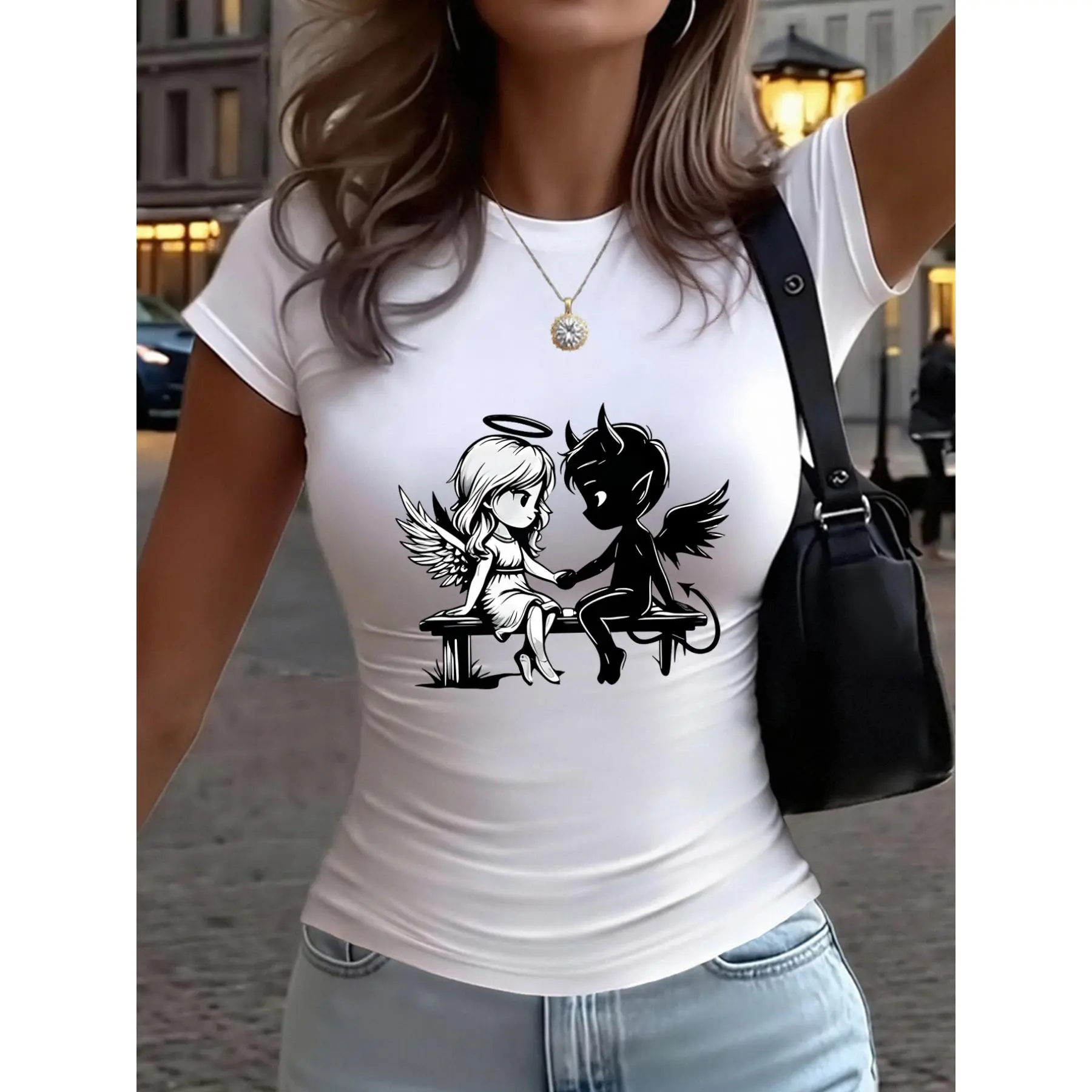 Y2K Style Angel and Devil Holding Hands Sitting Opposite Each Other Print - Small Size Slim-Fit Women's Casual Fashion Sport Solid Color Detailed Waist Pleats Pullover Crew Neck Short Sleeve T-Shirt Suitable for Spring, Summer, Autumn, and Winter