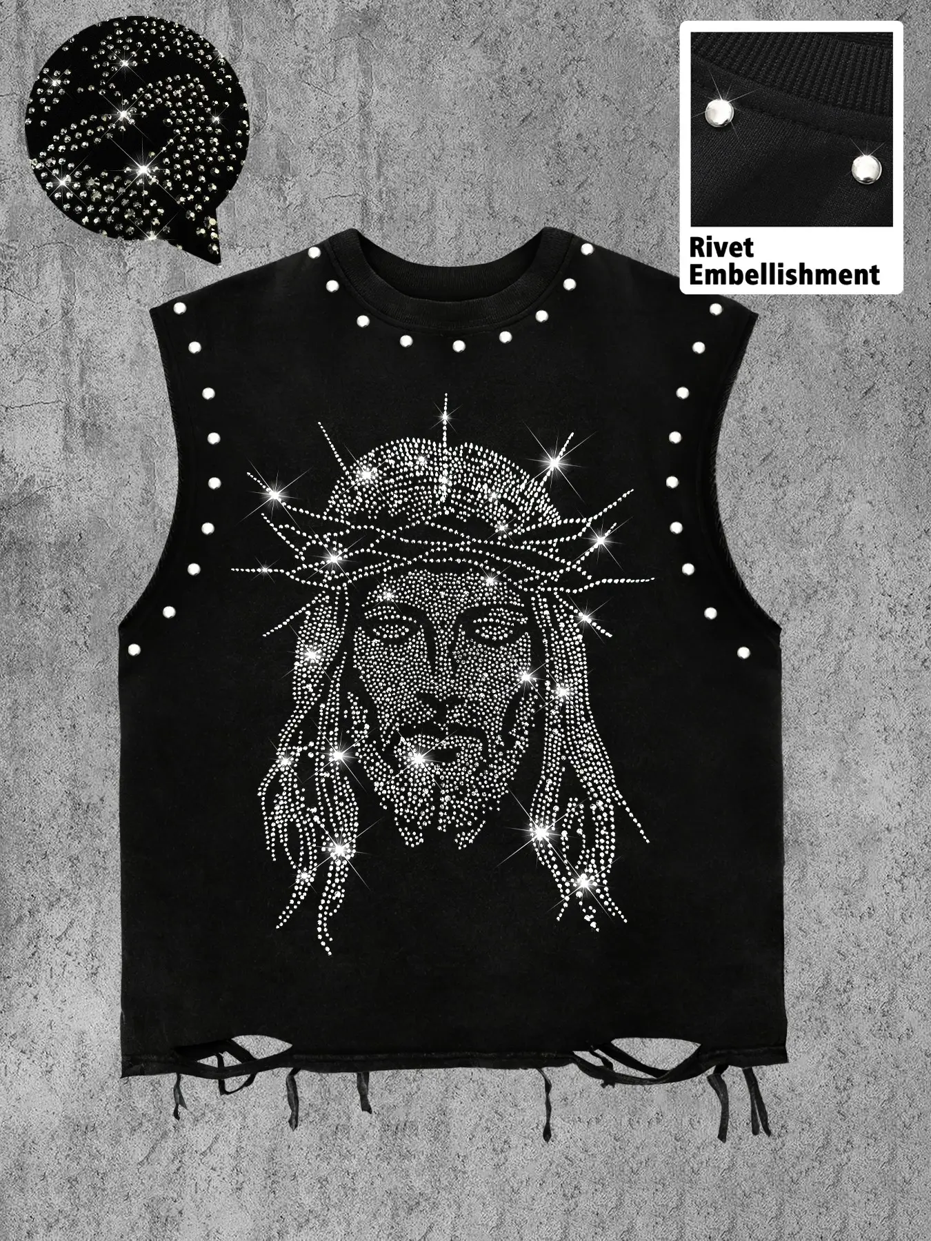 Men's Casual Stylish Tank Top, Sleeveless Tanks, Jesus Head Print, Rhinestone Embellishment, Distressed Hem, Comfortable Fabric, Streetwear, Retro Style