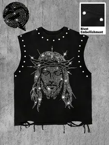 Men's Casual Stylish Tank Top, Jesus Head Print, Rhinestone Embellishment, Distressed Hem, Comfortable Fabric, Streetwear, Retro Style