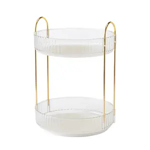 Light Luxury 2-Tier Metal Beauty Supplies Organiser, 9x9x18in Transparent Desktop Cosmetic Storage Box with Removable Trays, 360° Rotatable Configurable Home Organizer for Bedroom