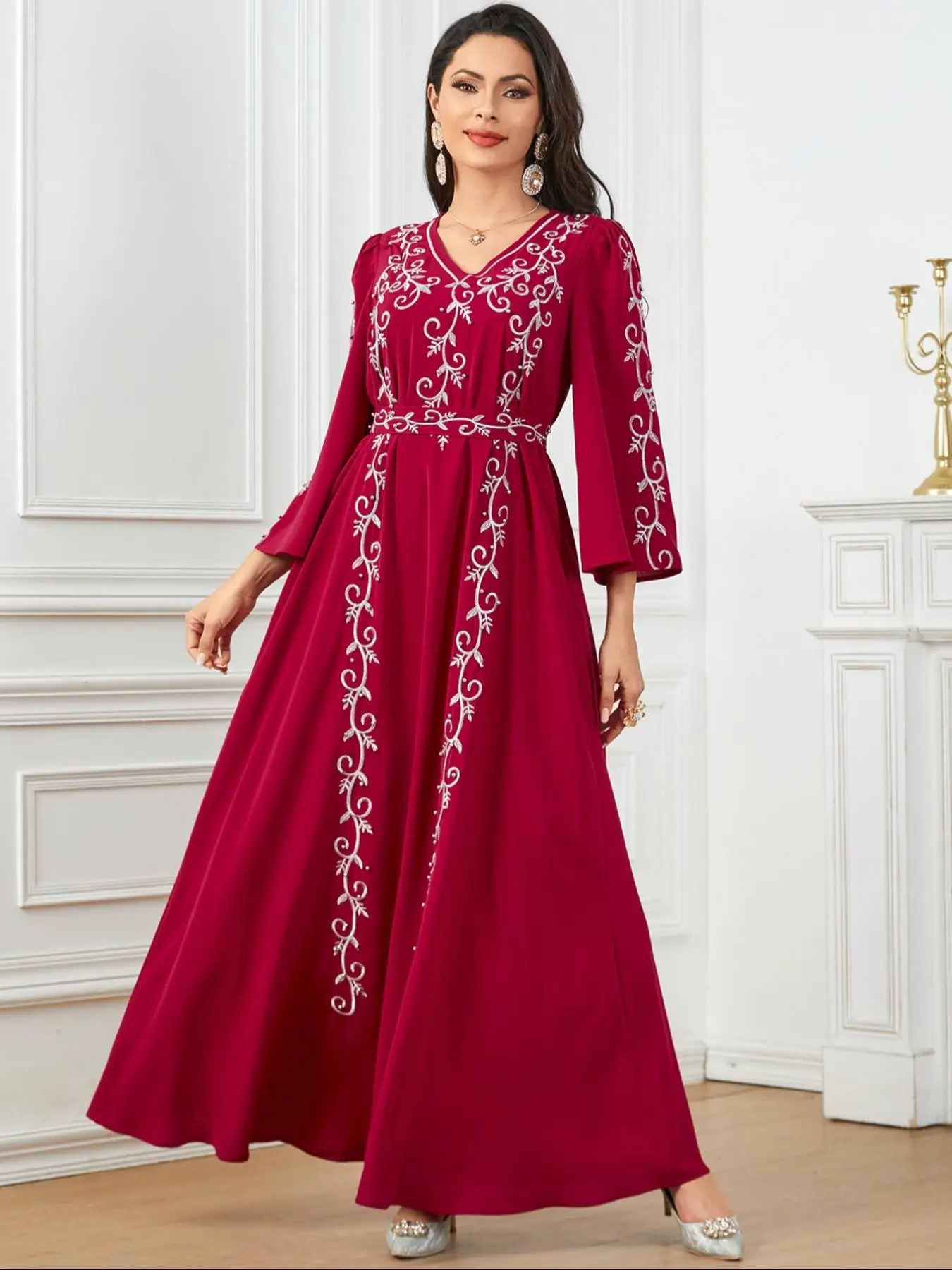 Arabic Clothing-Embroidered Faux Pearls Decor Belted Dress, Elegant V Neck Flounce Sleeve A Line Dress, Women's Islamic Clothing for Spring & Fall