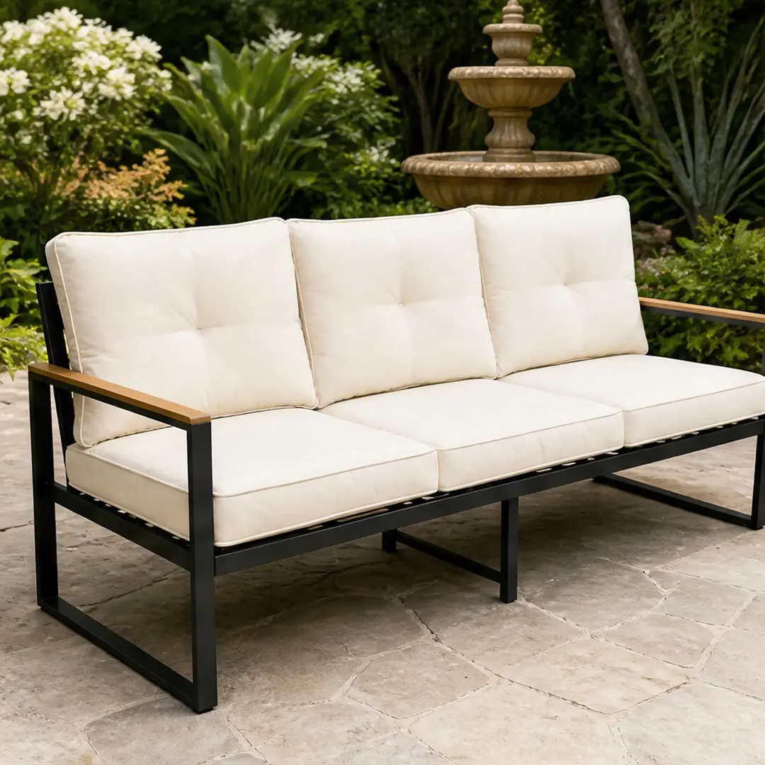 ARCH Horizontal Steel Frame 3-Seat Indoor-Outdoor Casual Sofa, Angled Backrest, Thick High-Density Foam Cushions with Waterproof Covers, UV-Resistant Fabric, 55.00 lb Weight, 720 lbs Capacity, Beige/Dark Gray, Balconies/Garden Use, Assembly Required