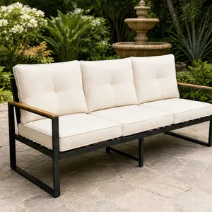 ARCH Steel Outdoor Patio Sofa 3-Seat Couch with Thick Cushions, Metal Conversation Sofa for Deck Garden Poolside, Beige/Dark Gray Options, High-Density Foam, UV-Resistant Fabric, 720 lbs Capacity, Beige/Dark Gray Color Options, Steel Material