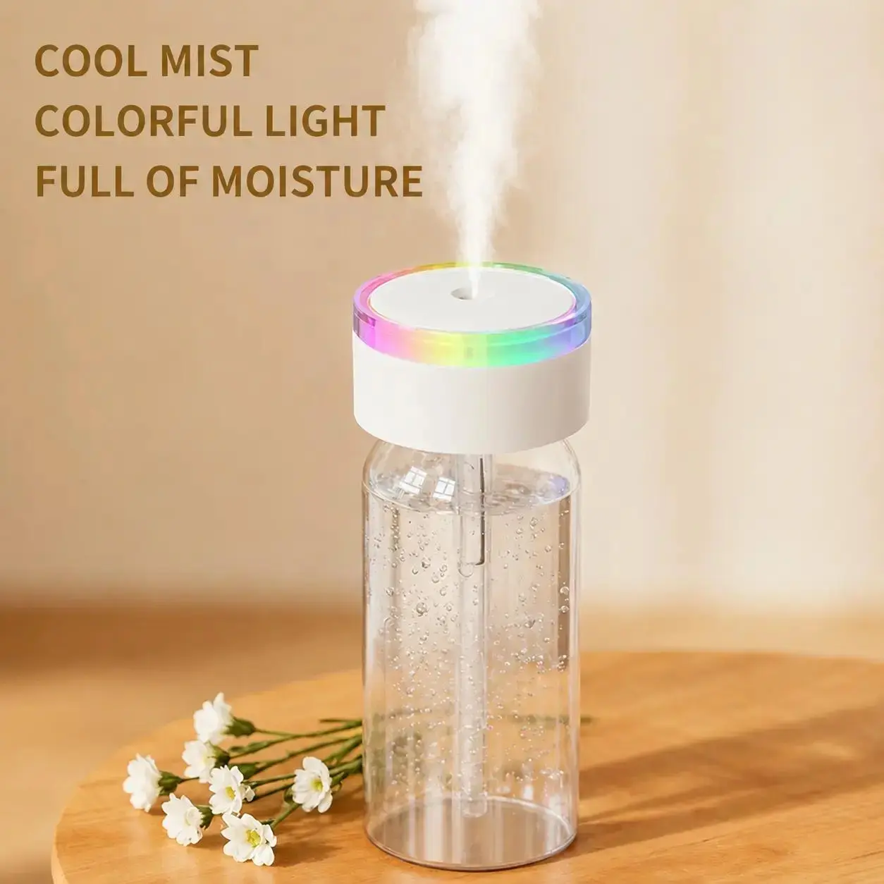 Back to School！Portable electronic humidifier, durable and long-lasting, with fine mist, comes with a USB charger, transparent body, includes a storage bag, fits in a car cup holder, effectively solves humidity issues, and brightens up your space