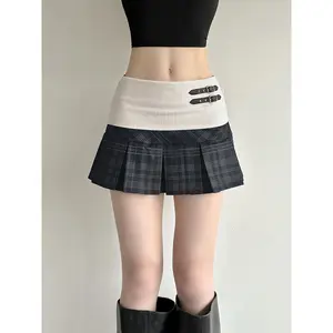 LILIDUOLAVintage Scottish Skirt in Academic Style with Color Block Design Pleated Skirt for Women, High-Waisted Versatile Cut, Playful Mini Skirt