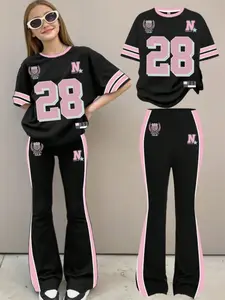 Teen Girls Casual Loose Fit Number 28 Pattern T-Shirt and Bell Bottoms Set, Casual Outfit Set, and, Summer, Fall Layering, Fashion Kids Clothing