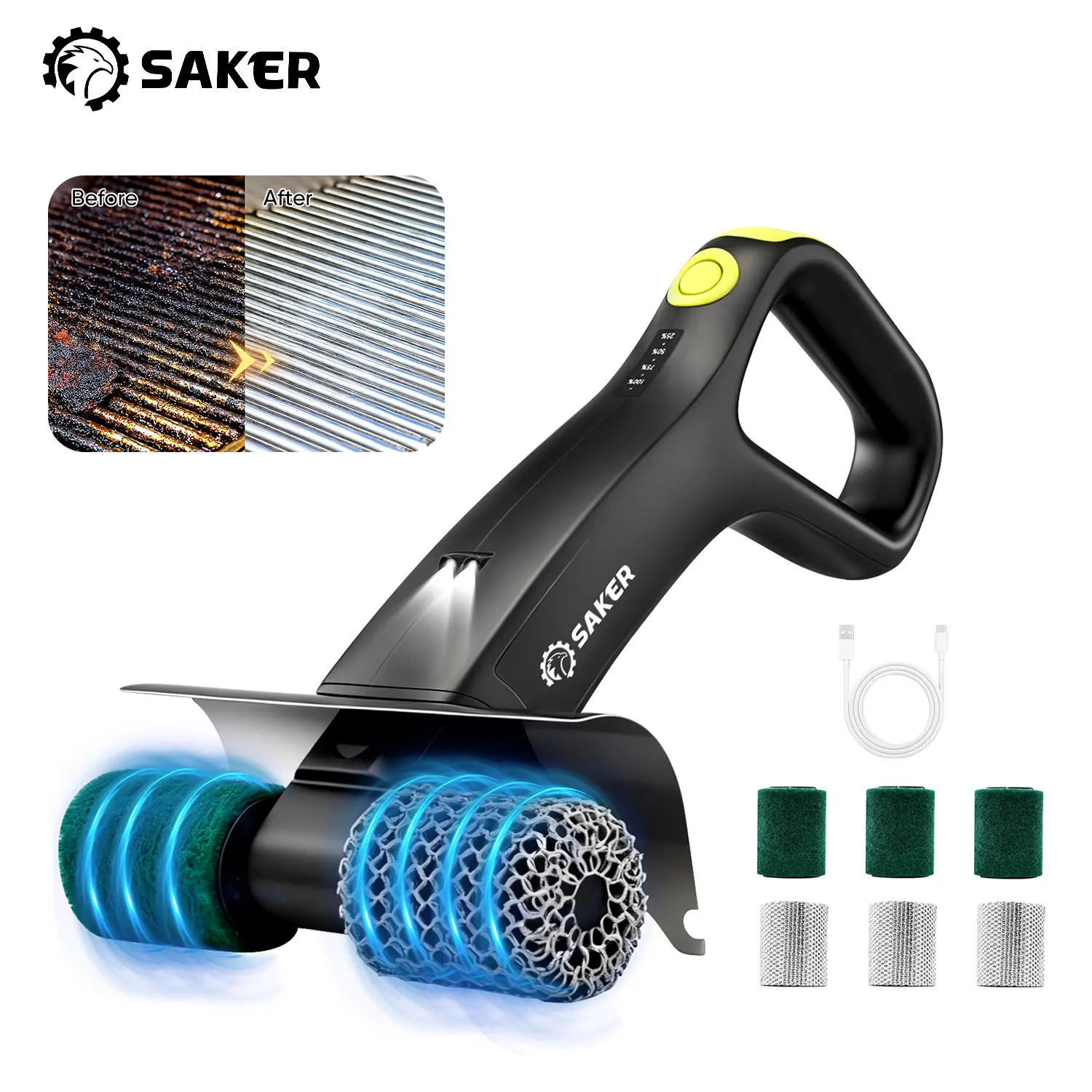 Saker Electric Grill Brush HK058-B — Bristle-Free with 450 RPM Motor & LED Lighting, 3 Interchangeable Heads, Cordless Rechargeable Design, 2500mAh Battery