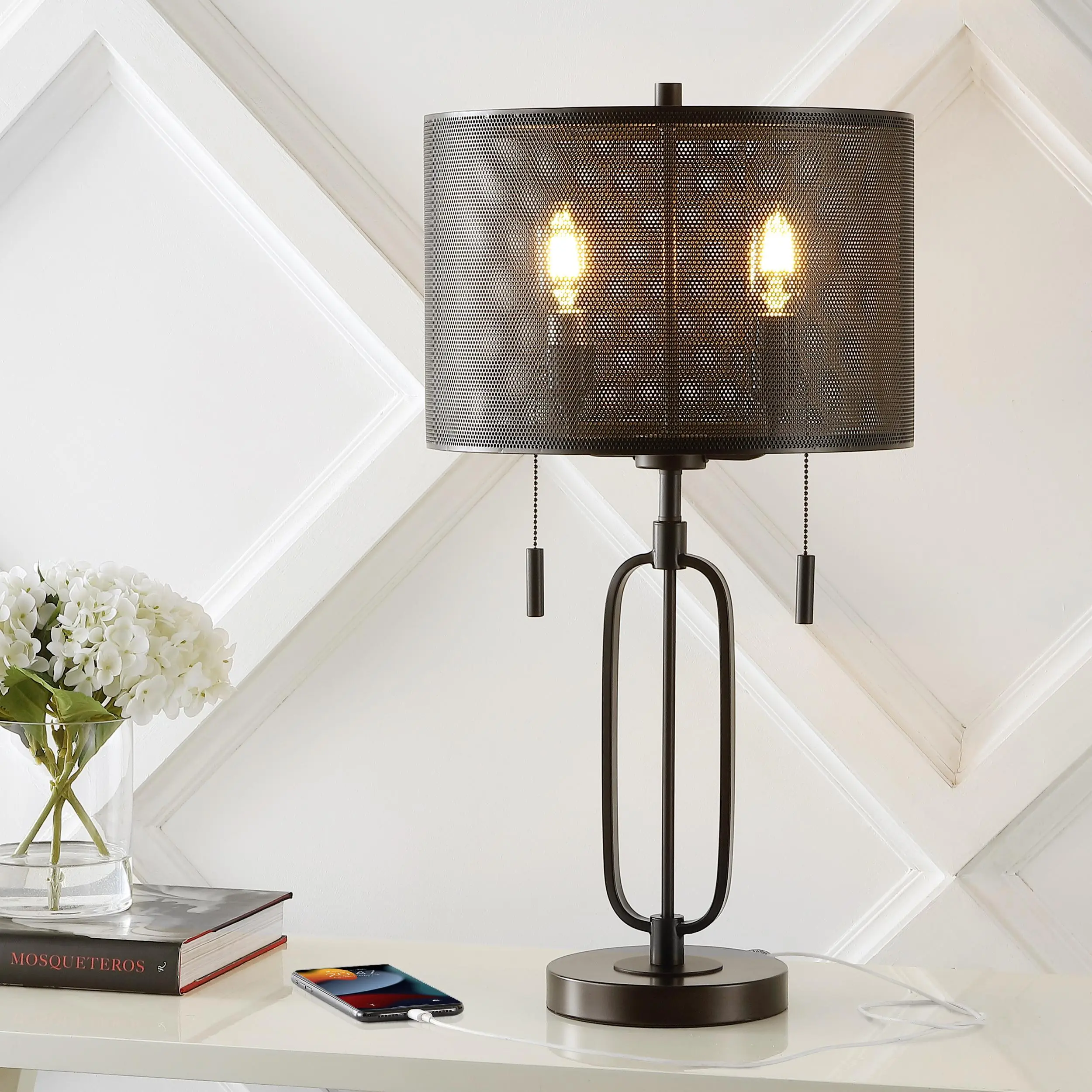 JONATHAN Y Hank 2-Light Table Lamp Industrial 27" Metal, Oil Rubbed Bronze | USB Charging Port, Mesh Drum Shade, Dual Pull Chains, Farmhouse Style, LED Bulbs Included