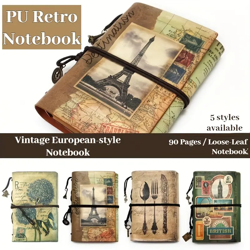 A6 Faux Leather Retro Book-Shaped Loose-Leaf Notebook - Detachable Pages, 90 Sheets Kraft Paper, Built-In Storage Bag & Strap, European Vintage Office Stationery, Versatile Use for Journaling Supplies, Artists