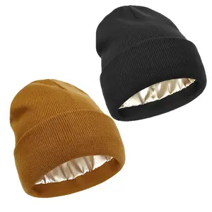 2-Pack Solid Color Satin Lined Beanie Hats - Soft, Warm Winter Knit Bonnet for Outdoor Sports, Skiing & Fashion Accessories for Men & Women