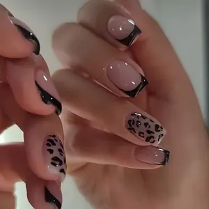 Leopard Print Pattern Square Nail Tips, French Glossy Finish 3D Machine Printed DIY Nails, 24 Pcs Short Wear Jelly Glue No Adhesive Nail Art Decoration