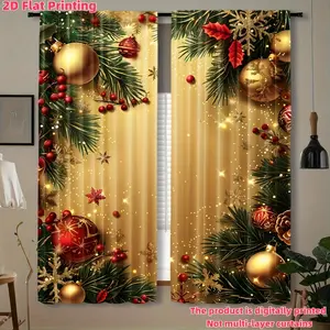 2-Pack, 2D flat print yellow Christmas pattern curtains, pole-mounted installation, digital printing, polyester material, suitable for home decoration, Window Curtain, Window decorations supplies