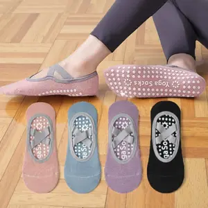 4Pcs Breathable Towel Bottom Yoga Socks Women Silicone Non-Slip Bandage Pilates Sock Ladies Ballet Dance Fitness Workout Cotton Socks