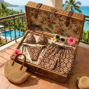 Luxury Couple Matching Swimwear Set - Women's Brown Monogram String Bikini, Men's Hawaiian Beach Shorts, Trendy Summer Vacation TikTok Viral Sports Swimwear