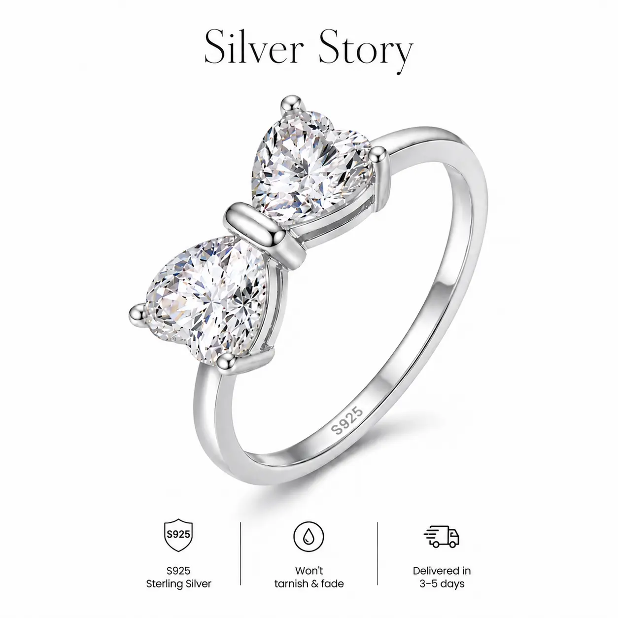 Bow Ring for Women, S925 Sterling Silver Double Heart Cubic Zirconia Ring, Bowknot Promise Ring, Cute Engagement Anniversary Birthday Jewelry Gift for Women