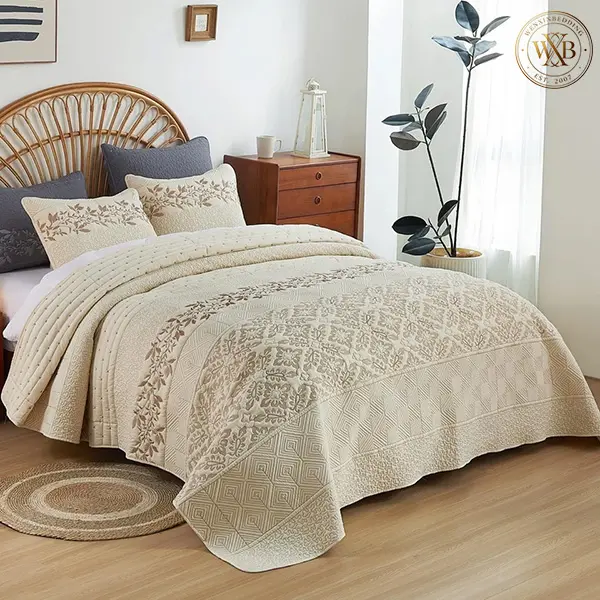 Wenxin Beige Floral Leaf Embroidered Quilt Bedding Set 3 Piece Queen King Size Soft Polyester Quilted Coverlet Bedspread with Matching Pillow Shams Neutral Farmhouse Bedroom Decor
