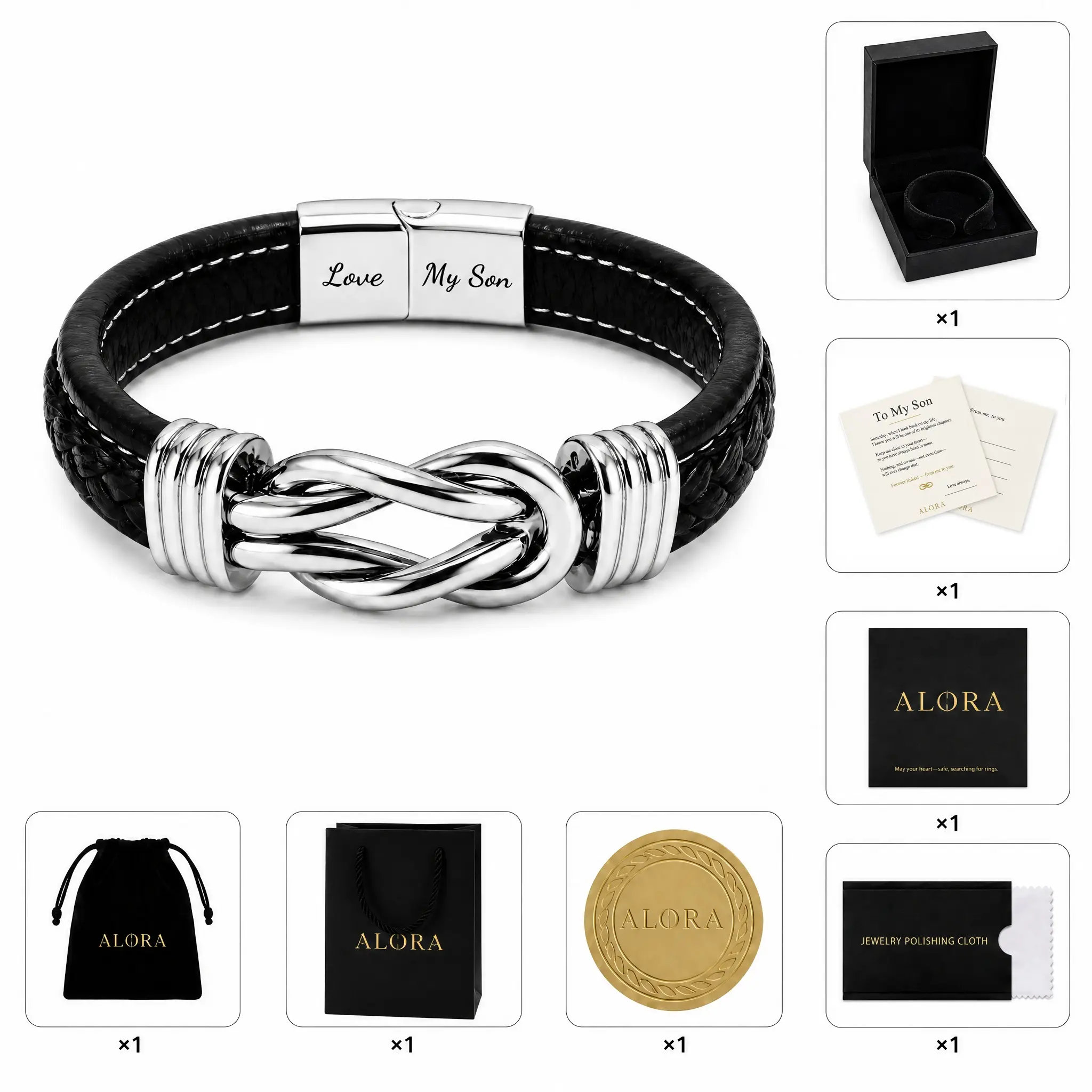 【ALORA】2026 To My Son Bracelet Infinity Knot Gift Set, Forever Linked Genuine Leather Stainless Steel Engraved Jewelry Magnetic Clasp Mens Bracelet Gift from Mom Dad Gift Box Birthday Christmas Fathers Day Graduation