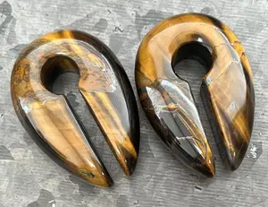 PAIR of Stunning Organic Tiger Eye Keyhole Hanger Ear Weight Tunnels/Plugs - Gauge 0g (8mm) thru 5/8 (16mm)