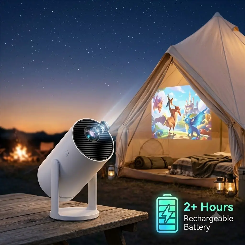 Generic Smart Mini Projector 1080P Native with Netflix YouTube, Auto Focus & Keystone, 180° Rotatable Rechargeable Movie Projector for Bedroom Camping, White