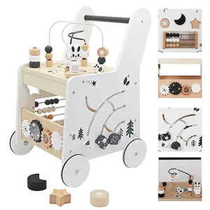 Montessori Wooden Baby Walker Activity Center for Toddlers, Push Walker Toy with Bead Maze, Gears and Shape Sorter, Early Learning Educational Toy