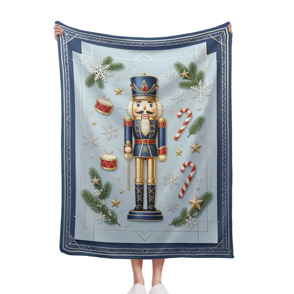 Christmas Nutcracker Soldier Candy Cane Throw Blanket, Traditional Xmas Kids Holiday Fleece Blanket