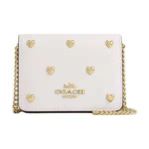 COACH Heart-Shaped Stud Detachable Chain Strap Snap Closure Mini Wallet in Pebbled Leather for Women, Chalk White