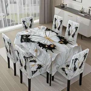 5/7-piece 2D Flat Printing Happy Spring White and Black Butterfly Printing Pattern Tablecloth and Chair Cover Set, for dining table and chair decoration, perfect for home, holiday gatherings, restaurants, and parties.