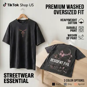 Resident Evil Leon Kennedy Requiem Oversized Washed T-Shirt – Vintage Graphic Tee Heavyweight 280 GSM Y2K Unisex Streetwear | Gamer & Horror Fans Gift