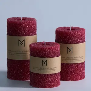 Hand-Poured Granular Texture Decorative Dark Red Pillar Candles Set of 3 (3"x4", 5", 6"), Approx 300 Hours  Time Dripless, Long Lasting,Unscented, , for Christmas Decor
