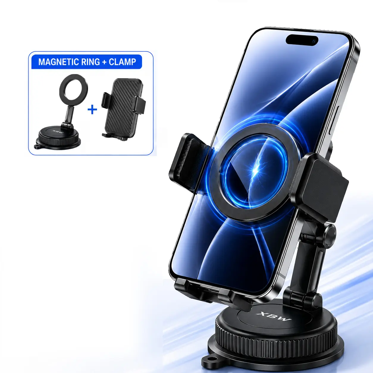 XBW 2-in-1 Magnetic Car Mount & Phone Holder – Vacuum Suction Cup Base, 360° Rotation, Clip-On Adapter for All iPhones & Android, No Charging Required, Dashboard Windshield Universal Phone Stand