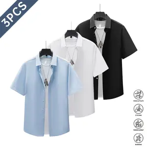 Men’s fashion short-sleeve collared shirts, 3-pack; men’s minimalist solid-color short-sleeve shirt; suitable for everyday casual wear and commuting, ideal for light business occasions