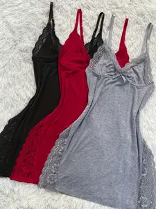 3pcs Of Women's Solid Lace Nightdress, Lace Panels, Skirt Side Slits Lace Home Nightdress