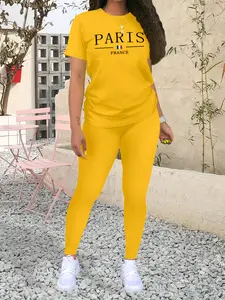Women's Casual Sporty Two-Piece Set, Athleisure Wear Set, Workout Running Outfits, Workout Running Clothes, Fashion Print Short Sleeve Top + Tight Pants, Spring & Fall, Fitted Thin Fabric