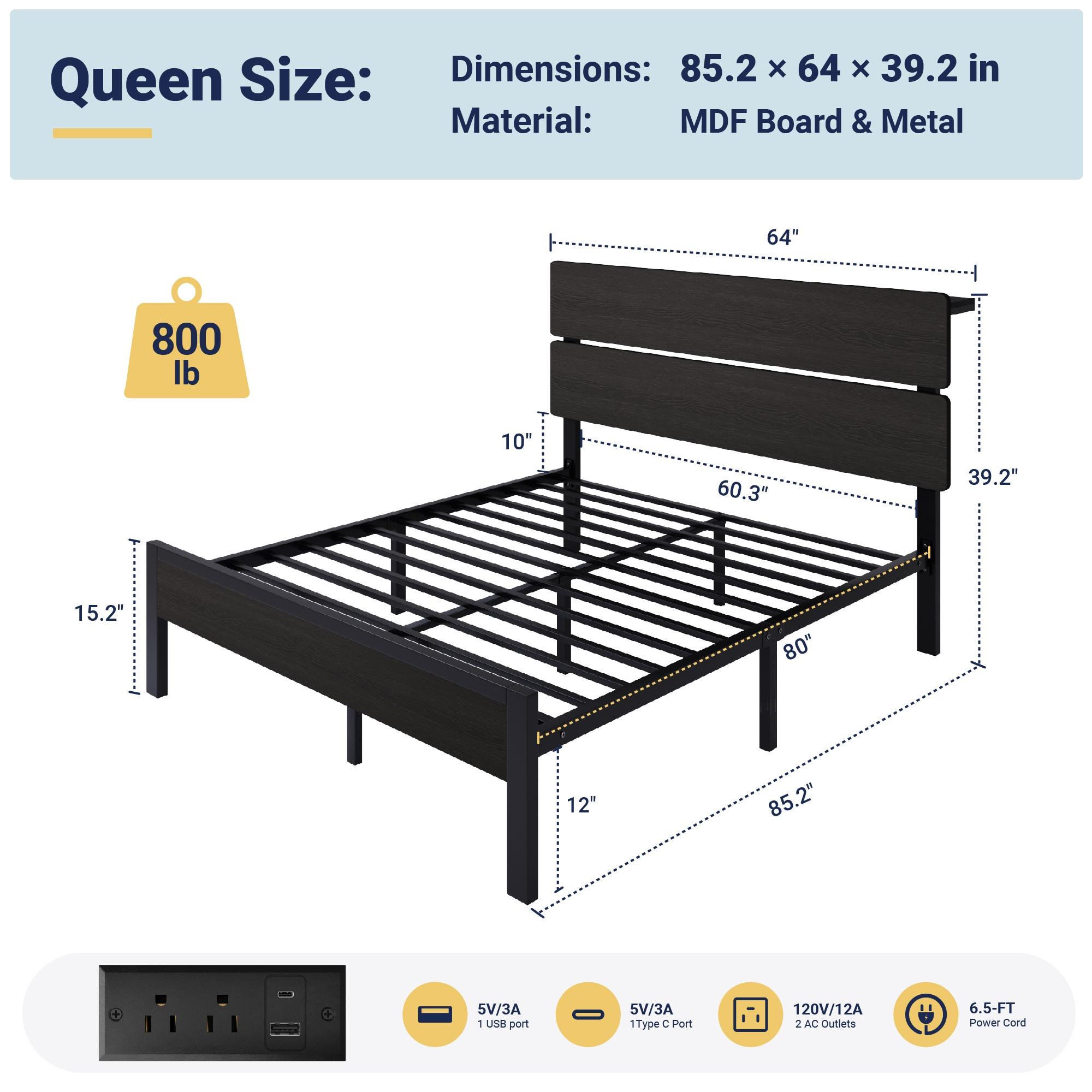 MUTICOR LED Bed Frame with 2 Fabric Storage Drawers, Charging Station & MDF Storage Headboard, Steel Slat Platform Bed with Underbed Storage, No Box Spring Needed