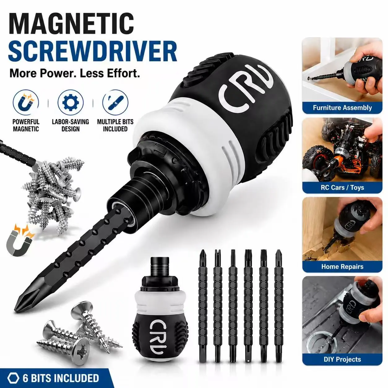 Magnetic Ratcheting CR-V Steel Screwdriver Set, Telescopic Dual-Purpose Hand Tool with Interchangeable Phillips & Slotted Bits, Heavy-Duty Compact for Furniture Repair, Home Improvement