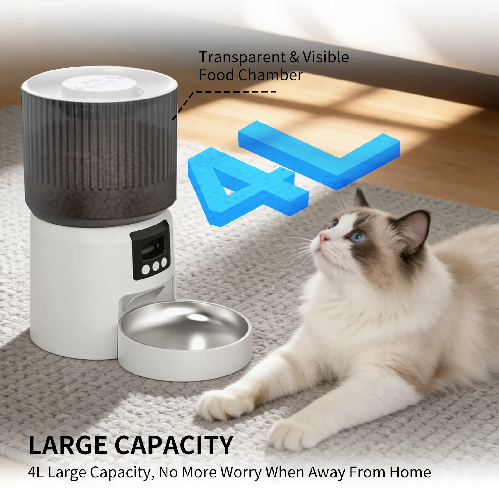 ABOSY Smart Automatic Pet Feeder, 4L Food Hopper with 2MP Camera, WiFi Tuya App & Button Dual Control, Timed Feeding Up to 6 Meals Per Day, Portion Control for Cats & Small Dogs