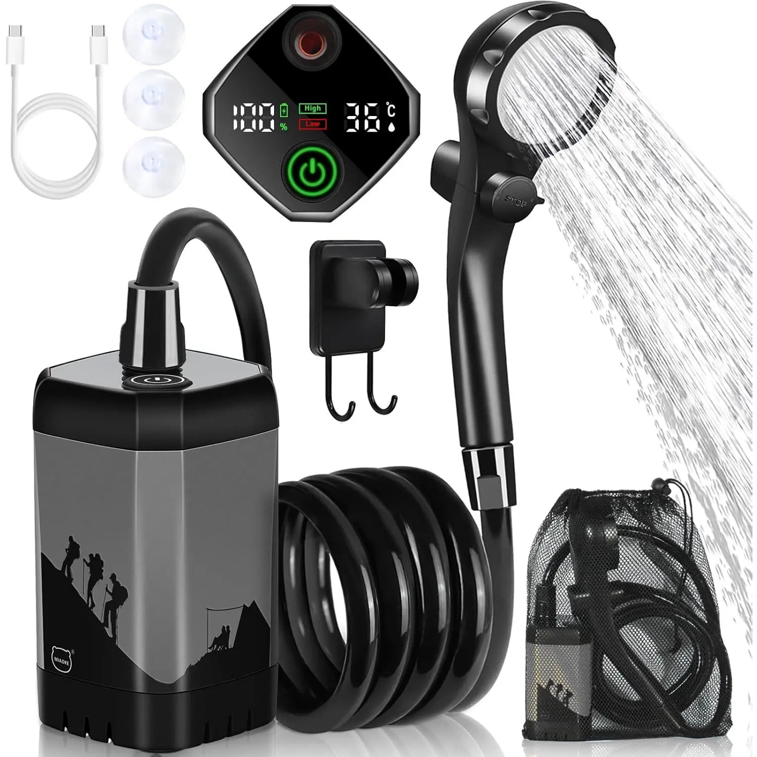 Upgrade Portable Camping Shower, 7800mAh Outdoor Electric Shower Rechargeable Pump with Intelligent Digital Display Temperature Display Shower Head for Camping, Hiking, Traveling