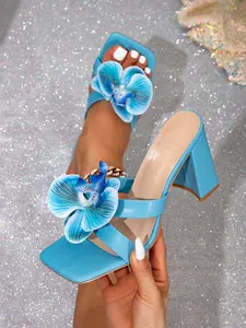 Women's Floral High Heel Sandals, Elegant PU Leather Shoes, Comfortable Square Toe Design, Perfect for Daily Wear and Parties