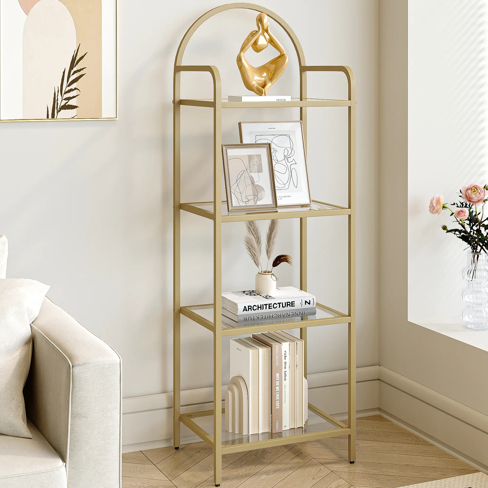 Hzuaneri Bookcase Bookshelf, Tempered Glass Bookshelves, Slim Shelving Unit for Bedroom, Bathroom, Home Office, Steel Frame, 4 Tier Gold