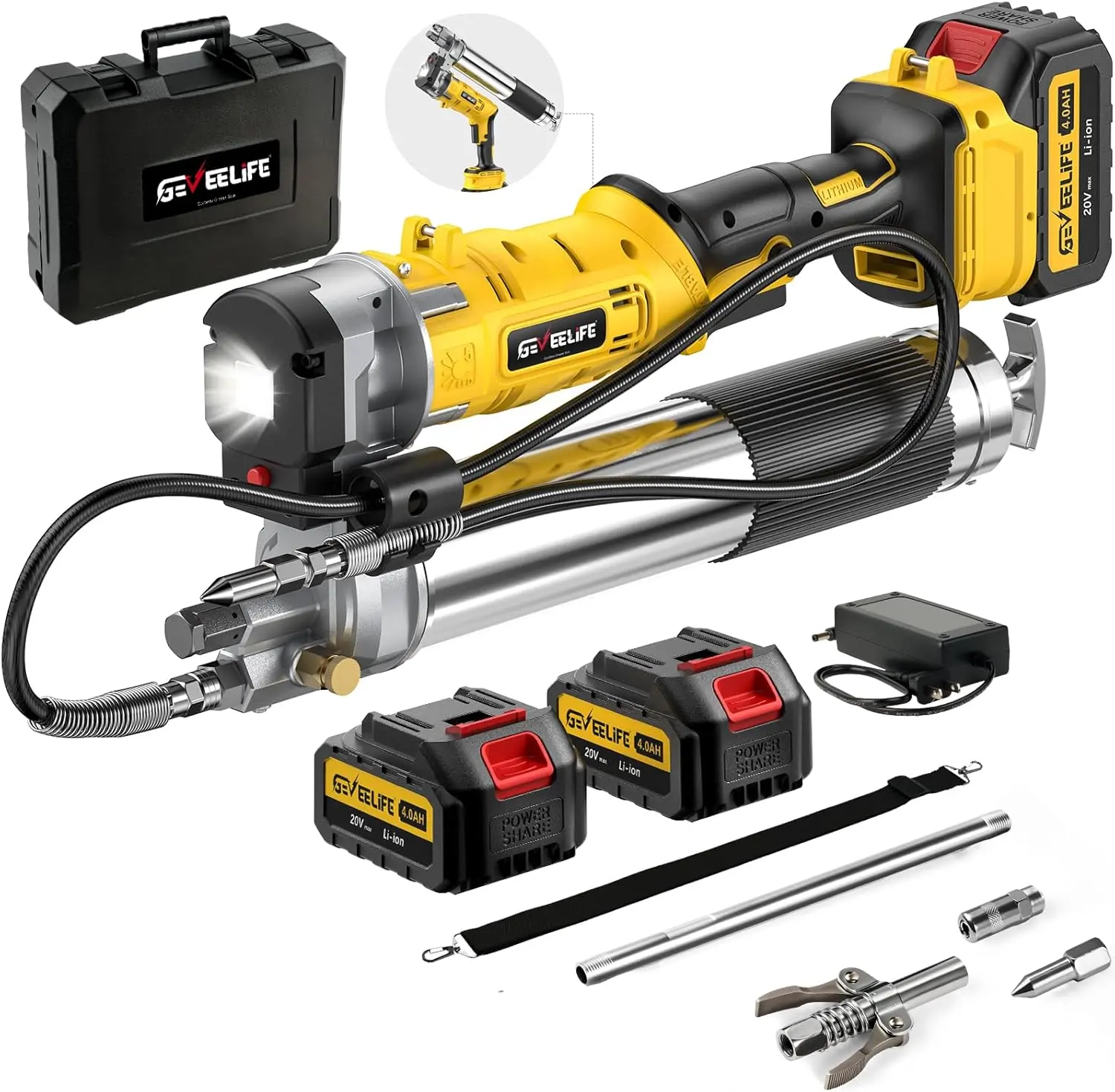 GEVEELIFE Electric Grease Gun - Equipped with 2×2000mAh Batteries, Fast Charger & 90° Swivel Coupler, 10,000 PSI - Works with Bulk & Cartridge Grease for Farm, Truck, Construction,FathersDayGift