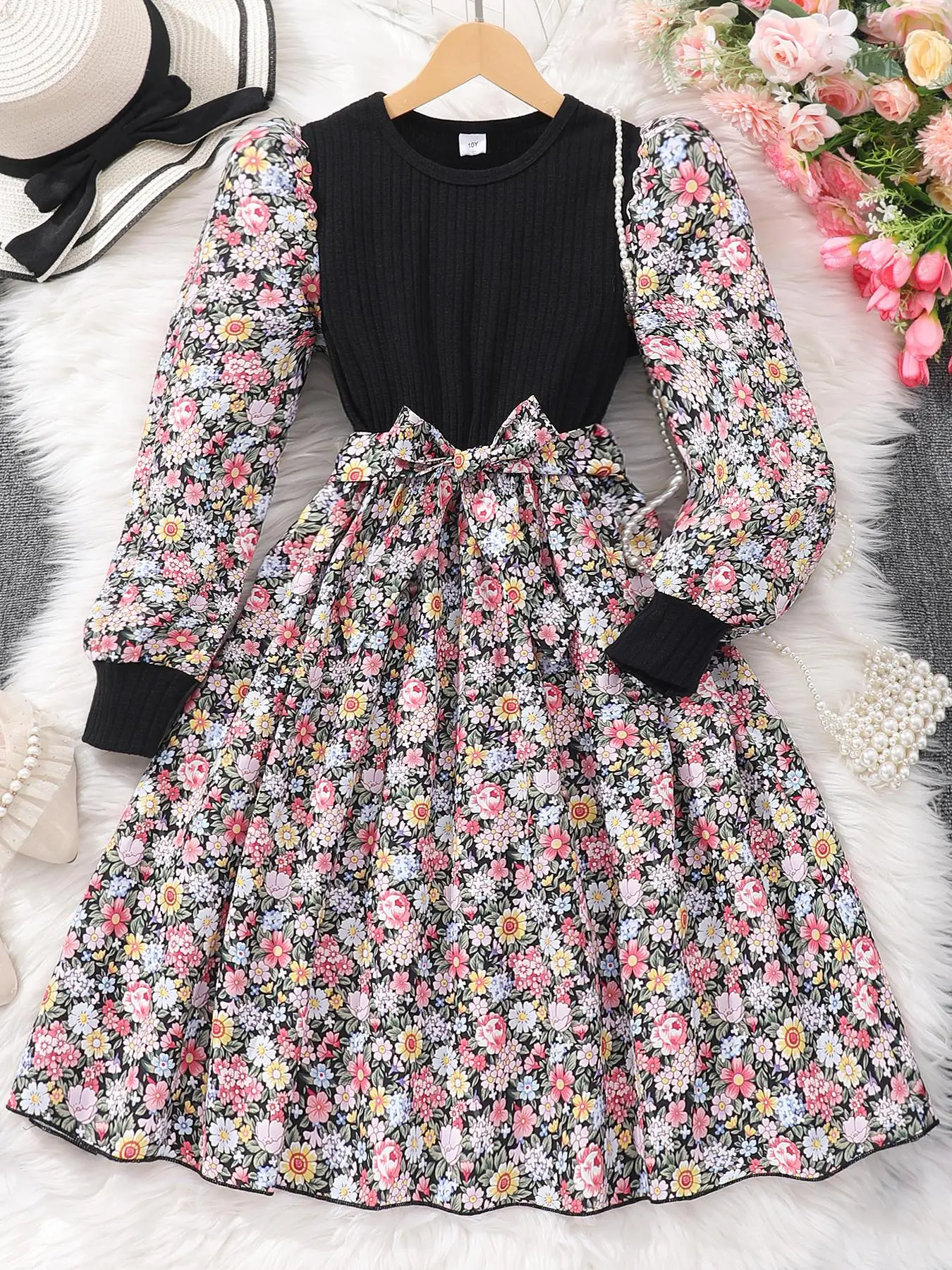 Girl's Ditsy Floral Print Patchwork Belted A Line Dress, Casual Bishop Sleeve Round Neck Dress for Fall & Winter, Kids Clothes for Daily Wear